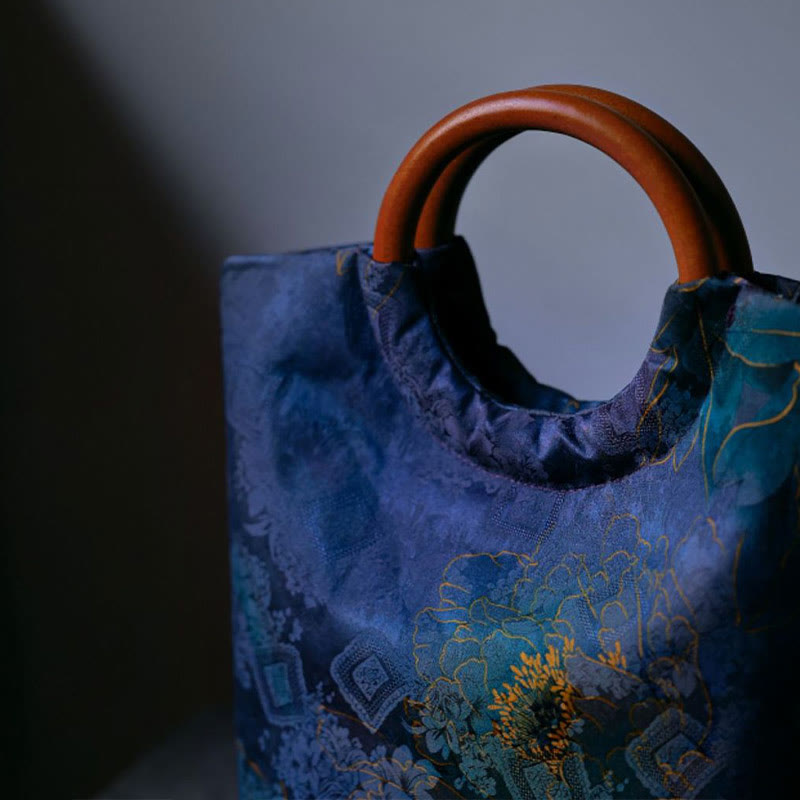 Solid Wood Handle Blue-Purple Peony Bag with Bamboo Bird Design