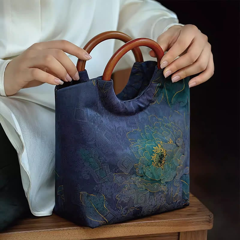 Solid Wood Handle Blue-Purple Peony Bag with Bamboo Bird Design