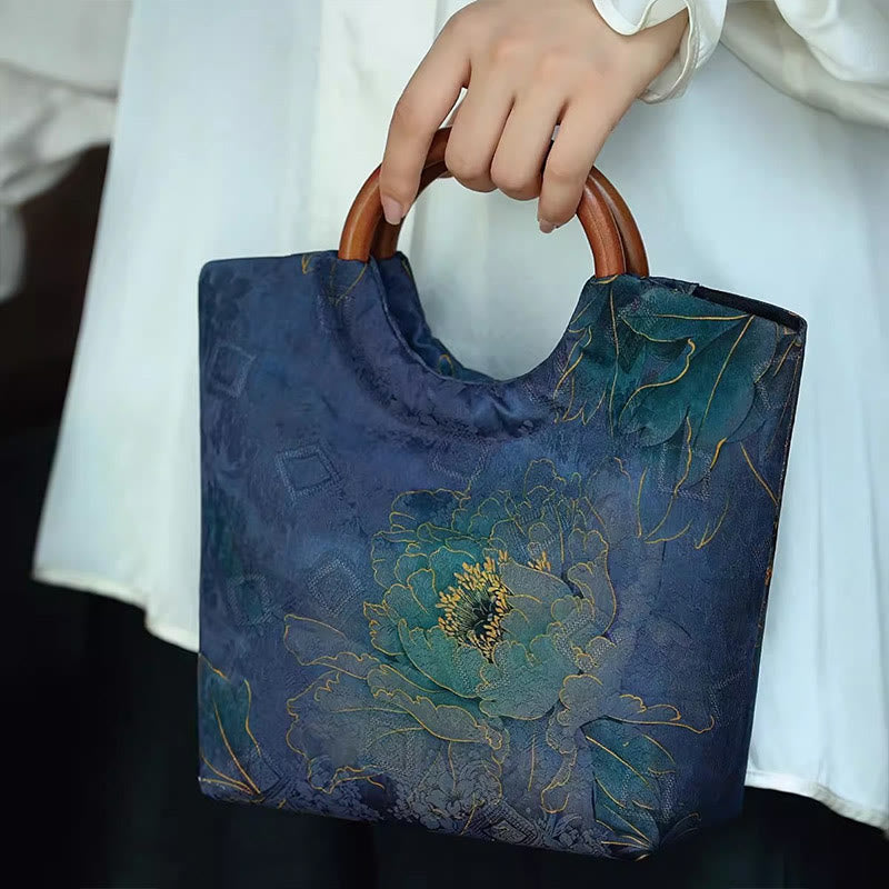 Solid Wood Handle Blue-Purple Peony Bag with Bamboo Bird Design