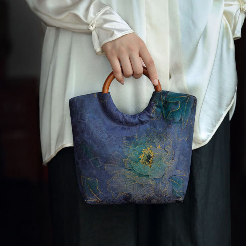 Solid Wood Handle Blue-Purple Peony Bag with Bamboo Bird Design
