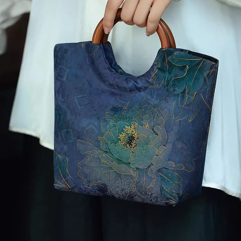 Solid Wood Handle Blue-Purple Peony Bag with Bamboo Bird Design