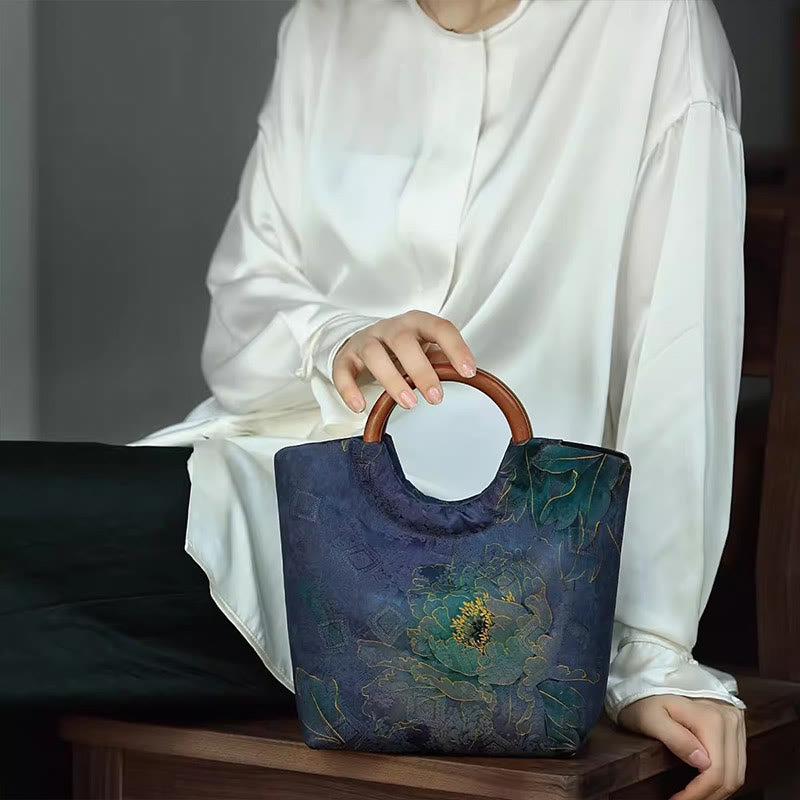 Solid Wood Handle Blue-Purple Peony Bag with Bamboo Bird Design