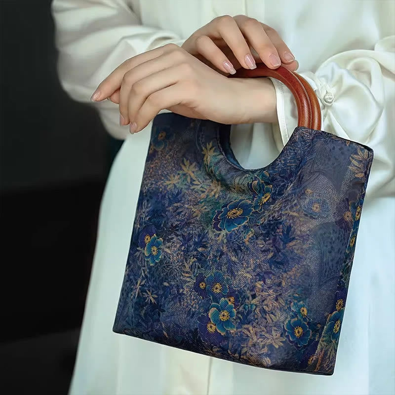 Solid Wood Handle Blue-Purple Peony Bag with Bamboo Bird Design