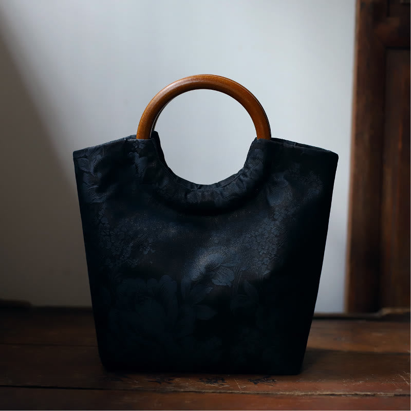 Solid Wood Handle Blue-Purple Peony Bag with Bamboo Bird Design