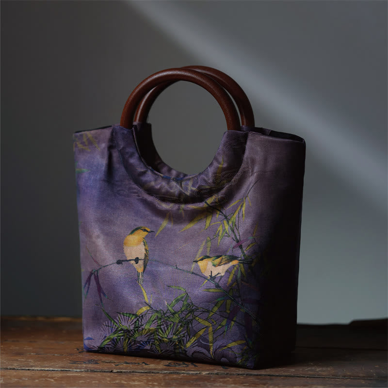 Solid Wood Handle Blue-Purple Peony Bag with Bamboo Bird Design