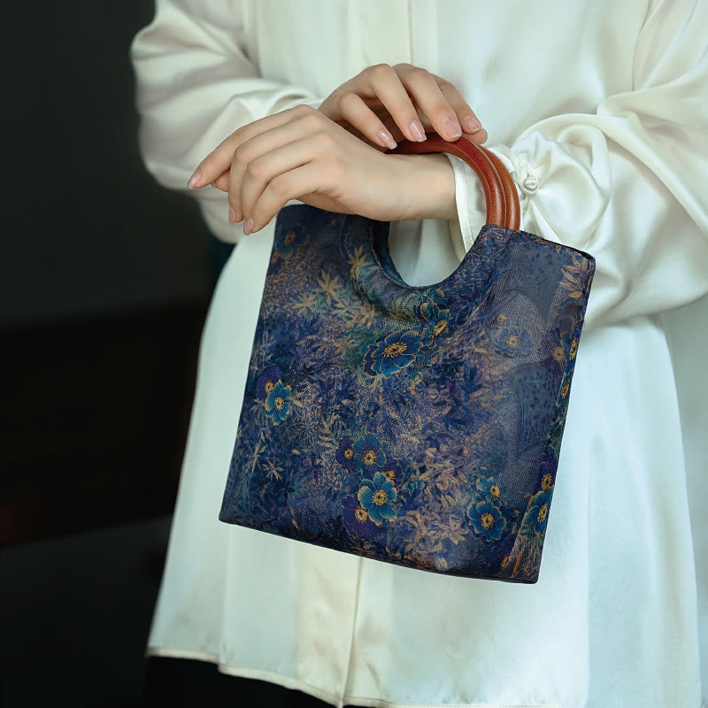 Solid Wood Handle Blue-Purple Peony Bag with Bamboo Bird Design