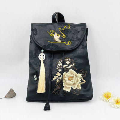 Spacious Black Peony Embroidered Backpack for Meditation Accessories
