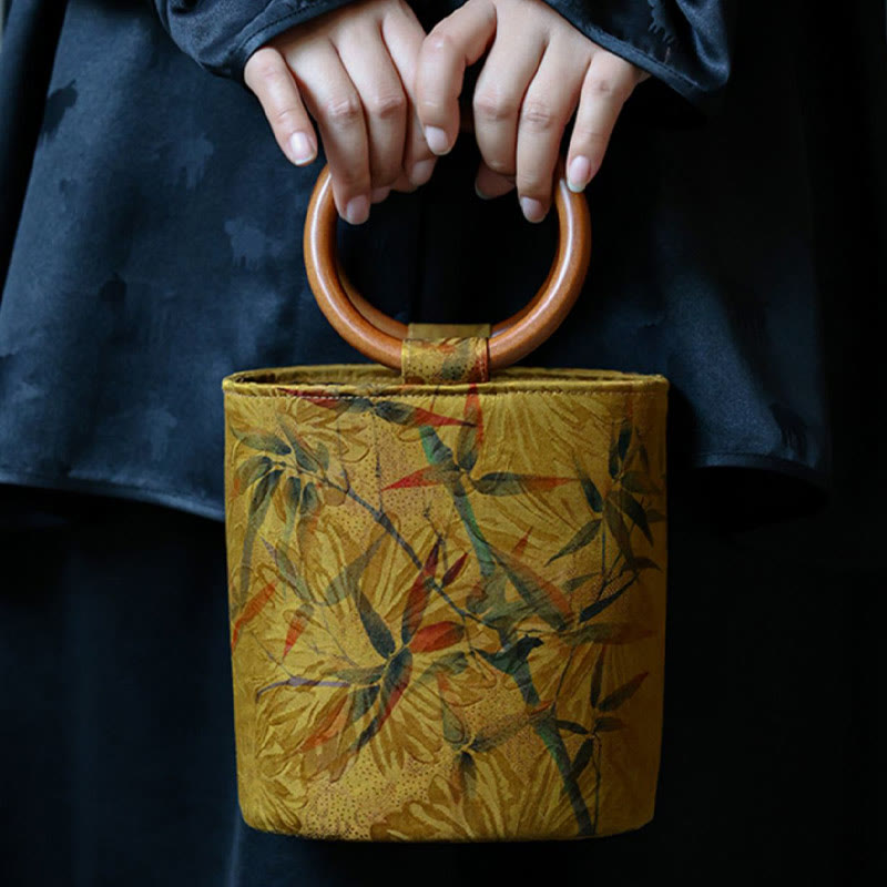 Spiritual Bamboo Leaf Butterfly Wood Handle Handbag