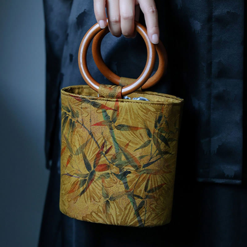 Spiritual Bamboo Leaf Butterfly Wood Handle Handbag