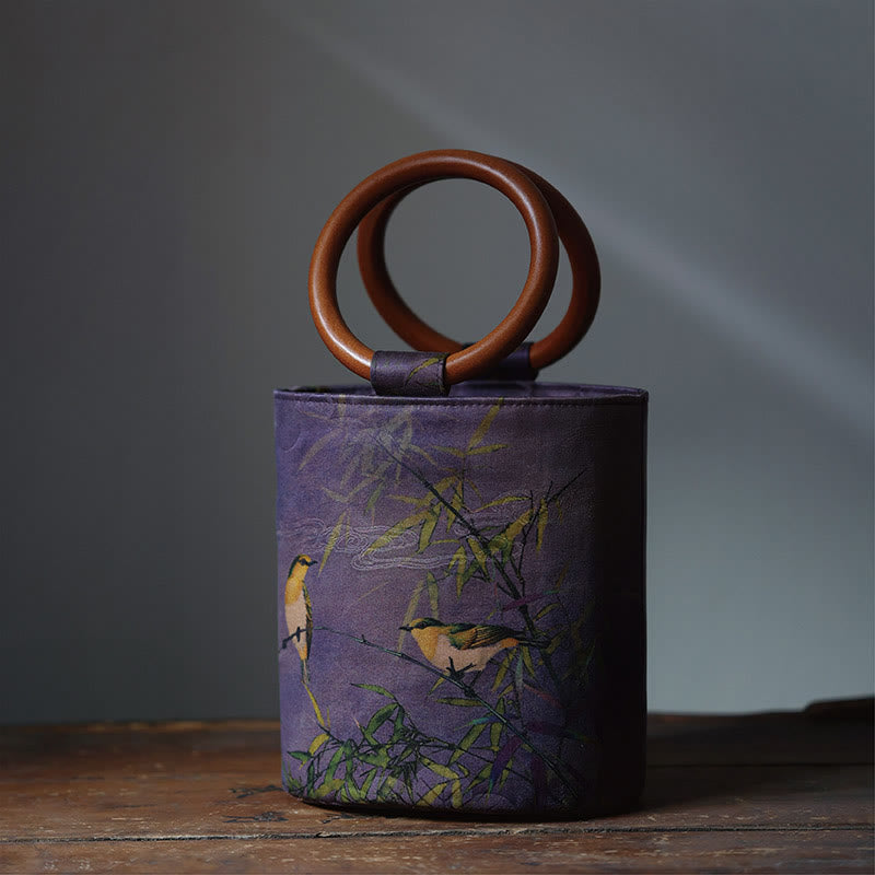 Spiritual Bamboo Leaf Butterfly Wood Handle Handbag