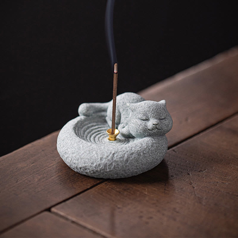 Standing Ceramic Cat Incense Burner 7.6cm for Meditation