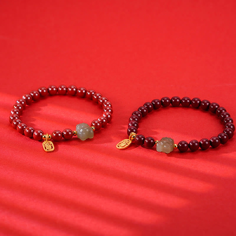 Sterling Silver Dragon Bracelet with Cinnabar & Jade Charms