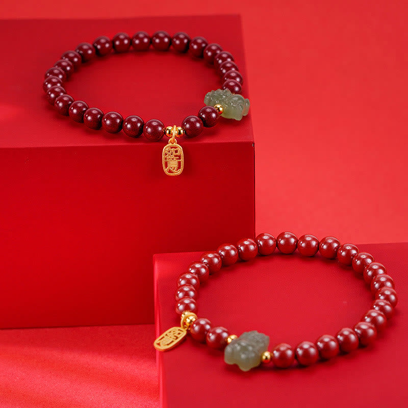 Sterling Silver Dragon Bracelet with Cinnabar & Jade Charms