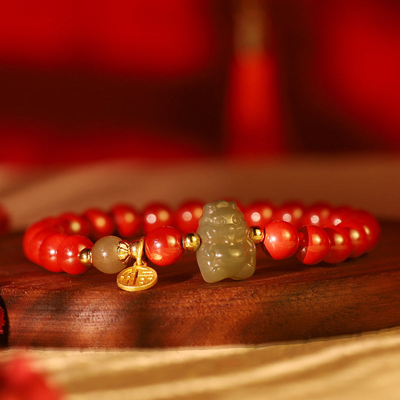 Sterling Silver Dragon Bracelet with Cinnabar & Jade Charms