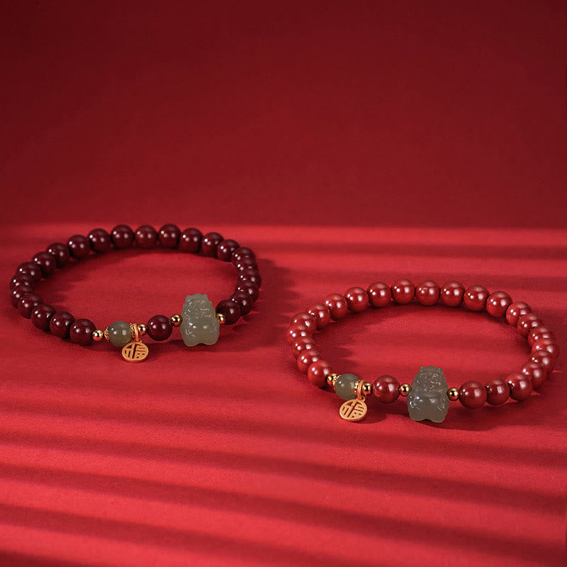 Sterling Silver Dragon Bracelet with Cinnabar & Jade Charms