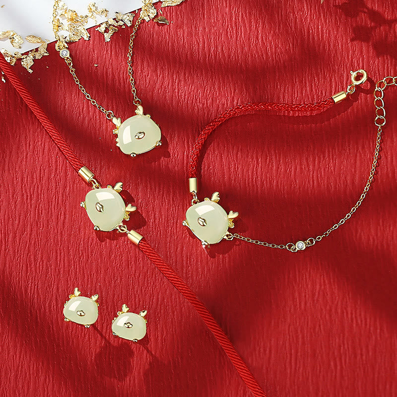 Sterling Silver Dragon Jewelry with Hetian Jade & Red Agate