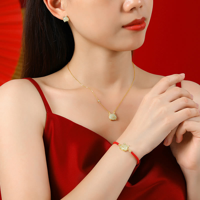 Sterling Silver Dragon Jewelry with Hetian Jade & Red Agate