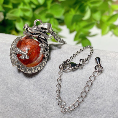 Sterling Silver Dragon Necklace with Blue Topaz or Fire Quartz Crystal