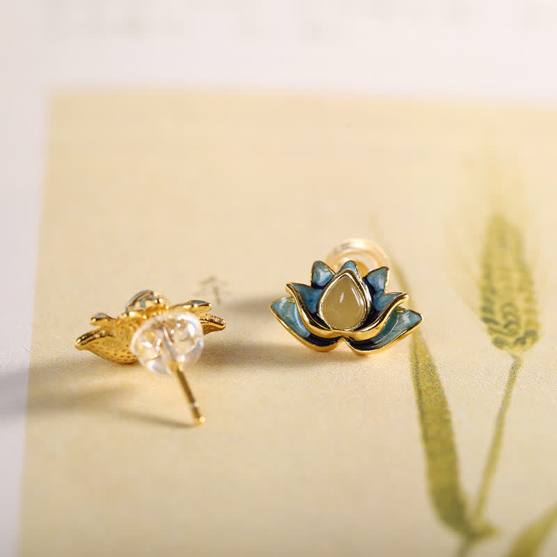 Sterling Silver Hetian Cyan Jade Lotus Flower Success Earrings
