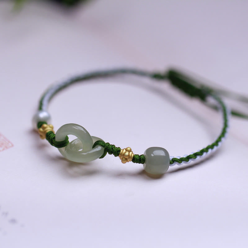 Sterling Silver Hetian Jade Double Peace Buckle Braided Bracelet