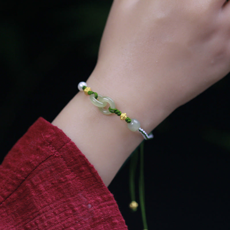 Sterling Silver Hetian Jade Double Peace Buckle Braided Bracelet