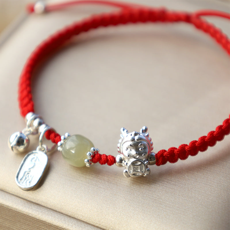 Sterling Silver Hetian Jade Dragon Bracelet for Protection & Joy