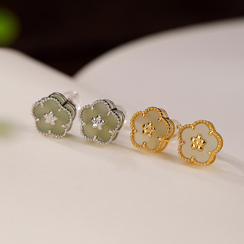 Sterling Silver Hetian Jade Plum Flower Luck Stud Earrings