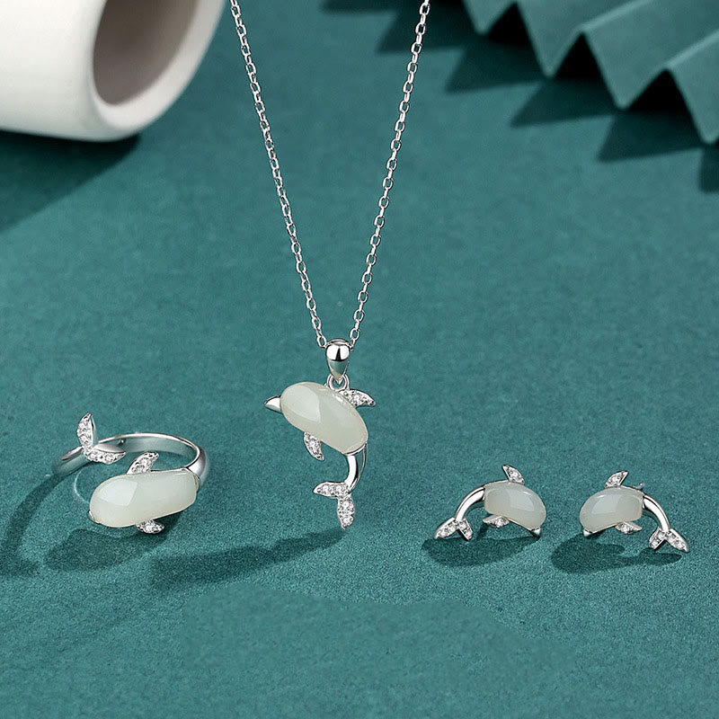 Sterling Silver Jade Necklace Set with Pendant, Ring & Earrings