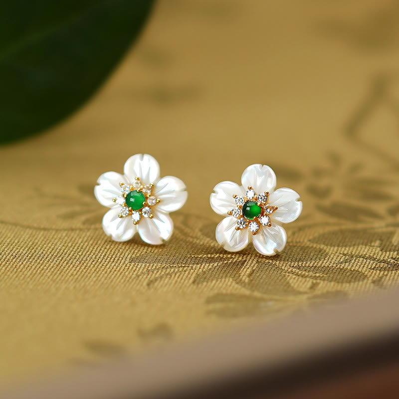 Sterling Silver Jade & Tridacna Flower Earrings