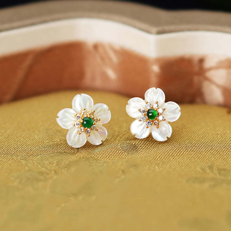 Sterling Silver Jade & Tridacna Flower Earrings