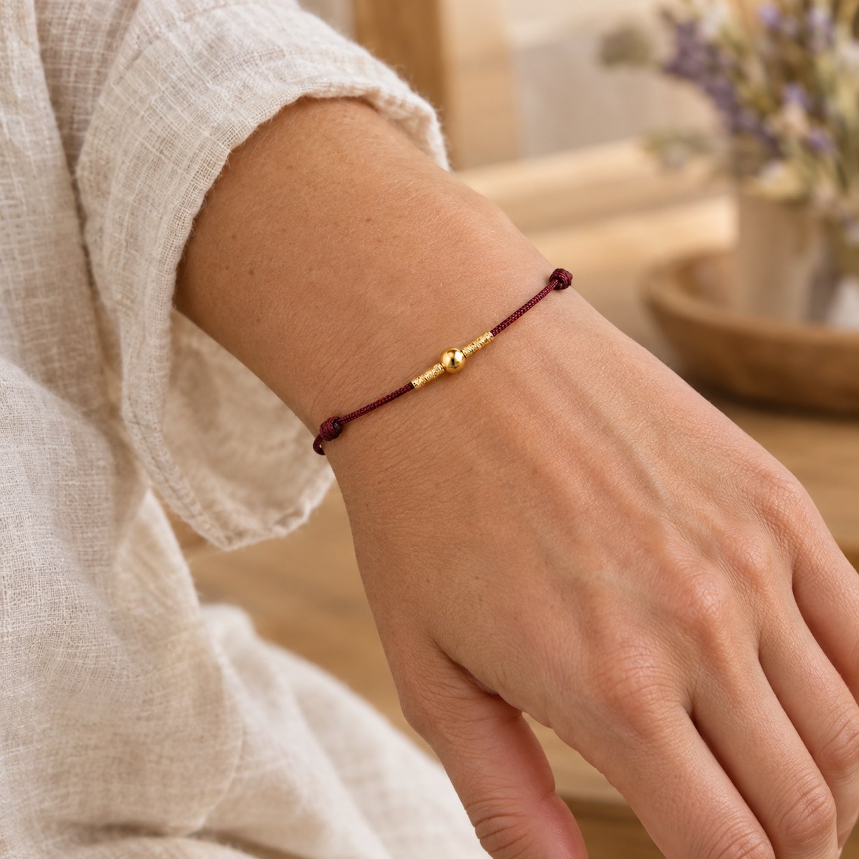 925 Sterling Silver Red String Protection Bracelet for Wrist or Ankle, worn on the wrist by a woman