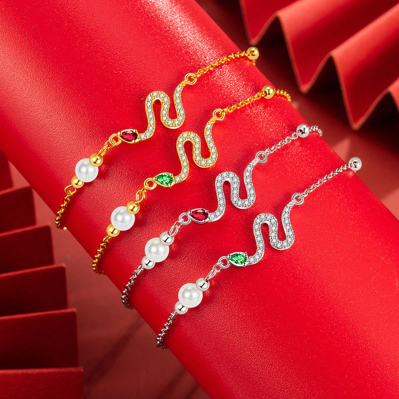 Sterling Silver Snake Pearl Lucky Bracelet