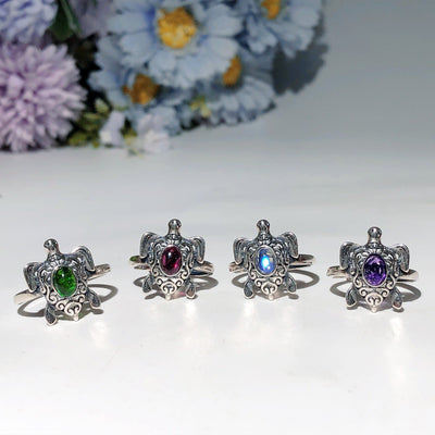 Sterling Silver Turtle Ring with Healing Crystal Stones