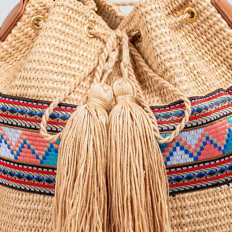 Straw Woven Geometric Bucket Bag with Tassels for Beach