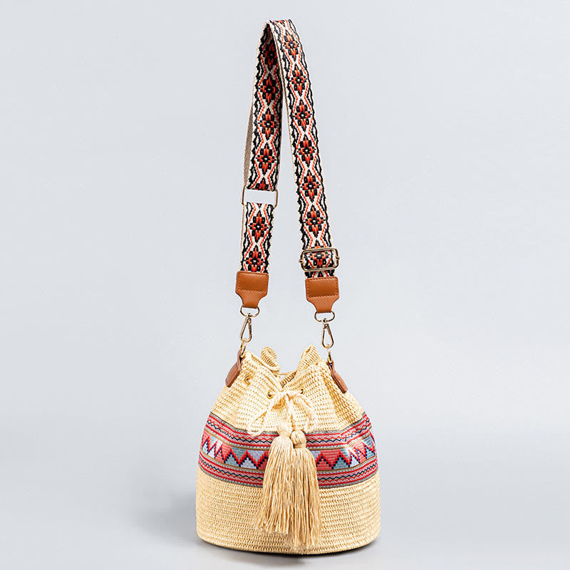 Straw Woven Geometric Bucket Bag with Tassels for Beach