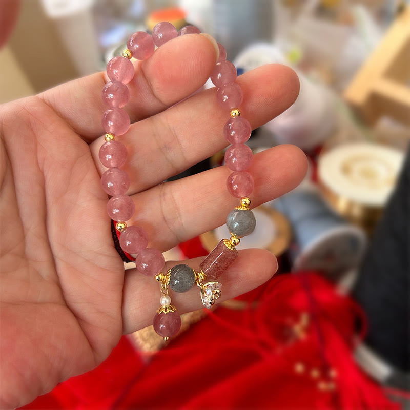 Strawberry Quartz Charm Bracelet with Zircon Flower for Love