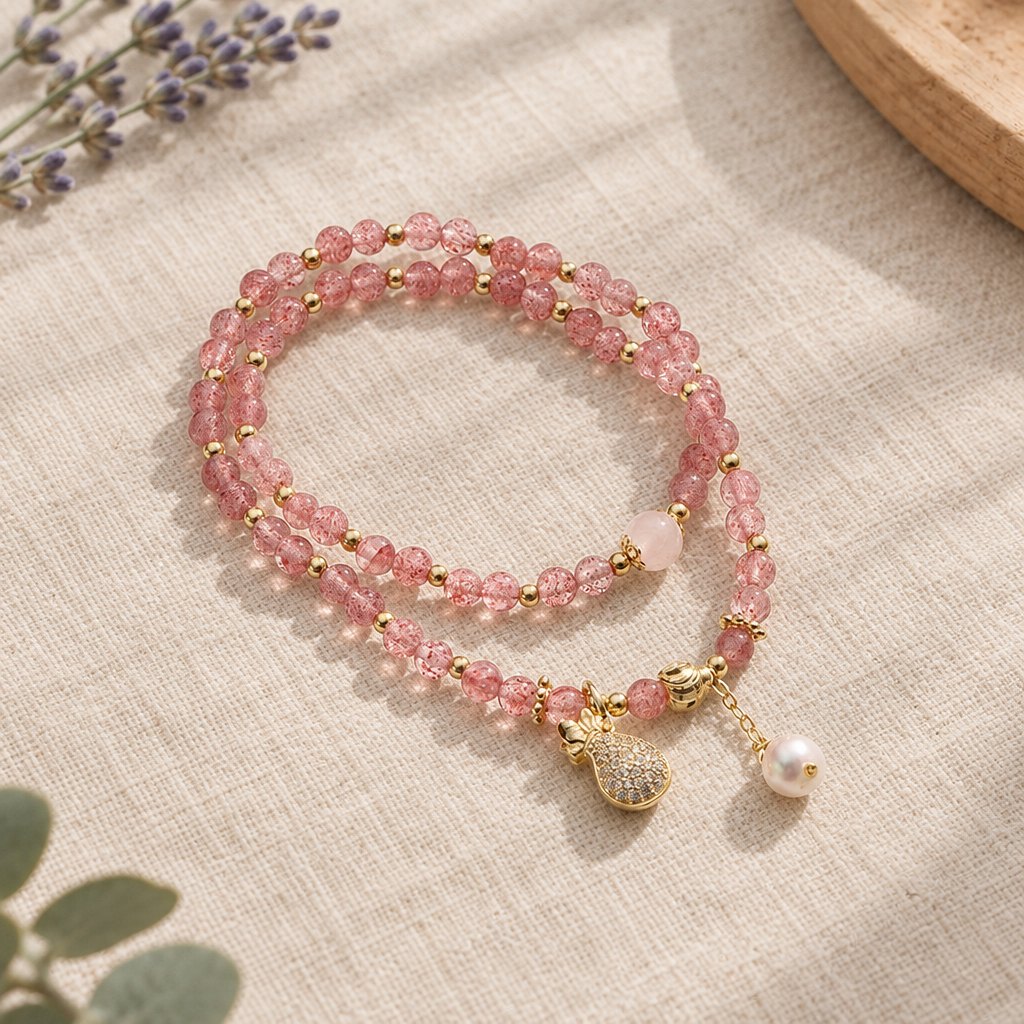 Double Wrap Strawberry Quartz Love Healing Bracelet, angled view