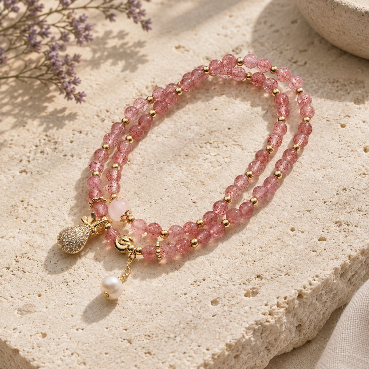 Double Wrap Strawberry Quartz Love Healing Bracelet, angled view