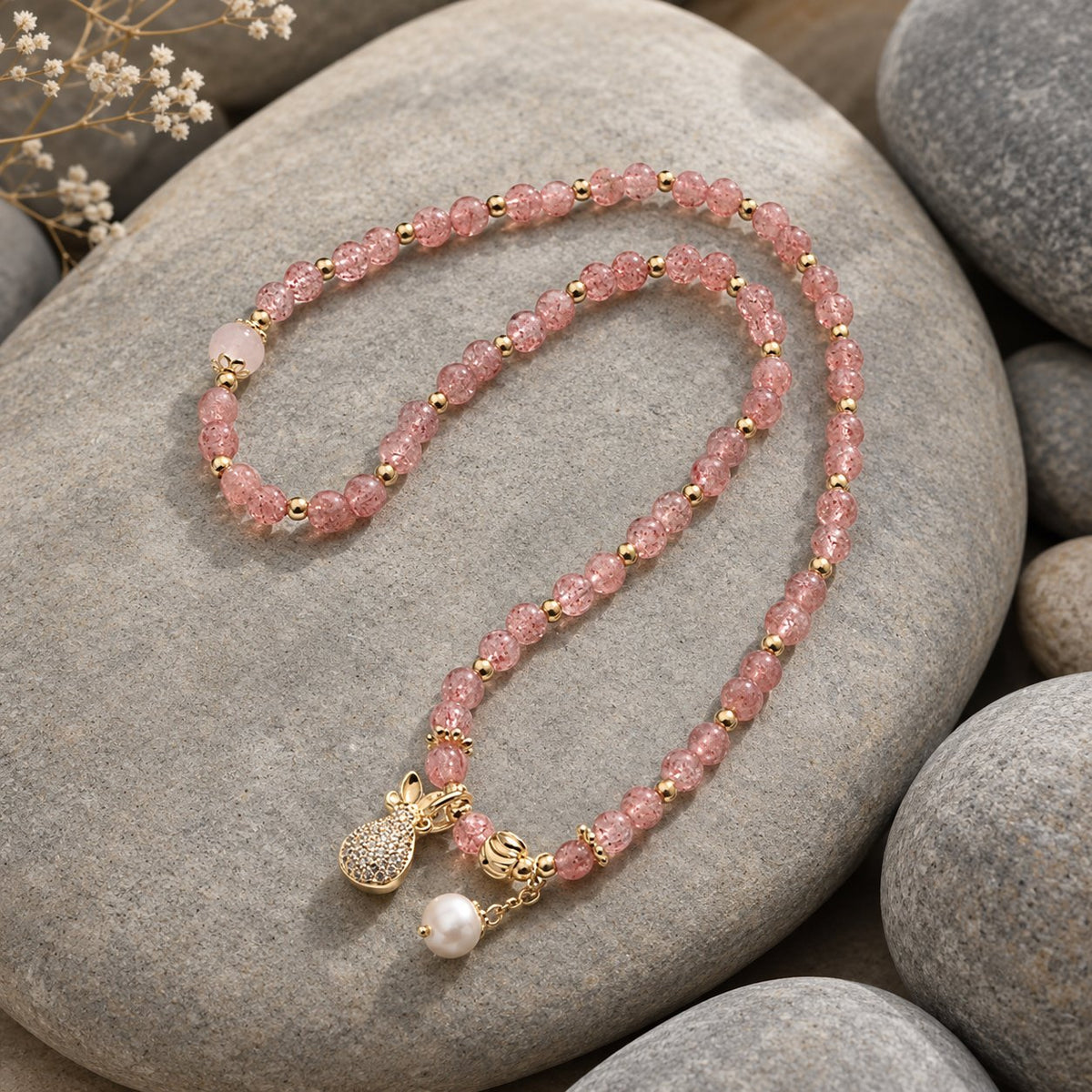 Double Wrap Strawberry Quartz Love Healing Bracelet, bracelet unwrapped in a long loop