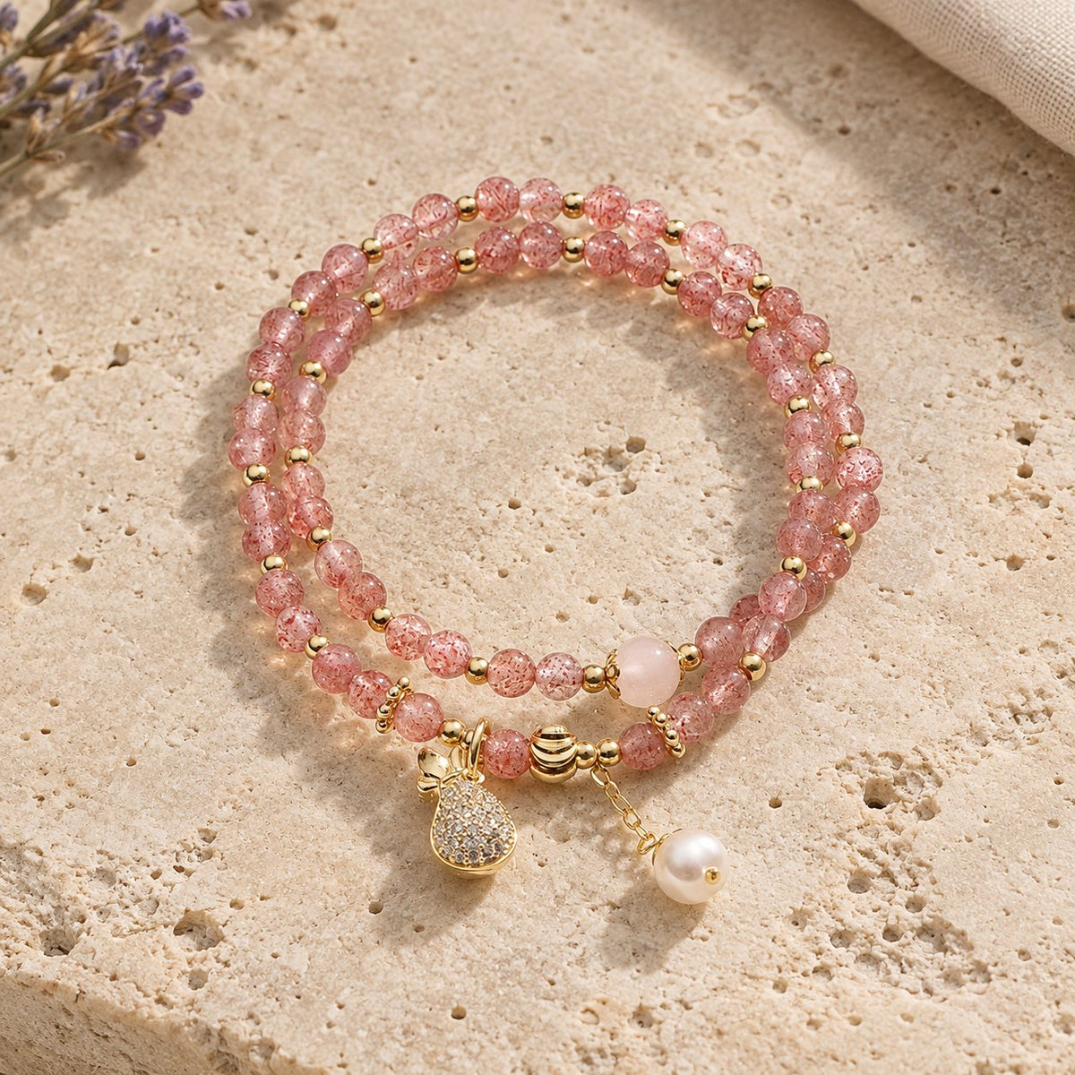 Double Wrap Strawberry Quartz Love Healing Bracelet, front view of the bracelet