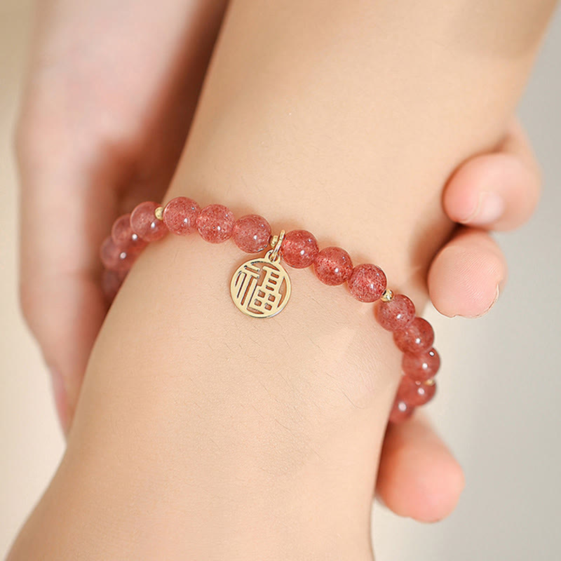 Strawberry Quartz Fu Character Healing Charm Bracelet