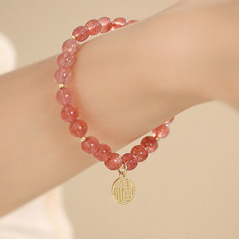 Strawberry Quartz Fu Character Healing Charm Bracelet