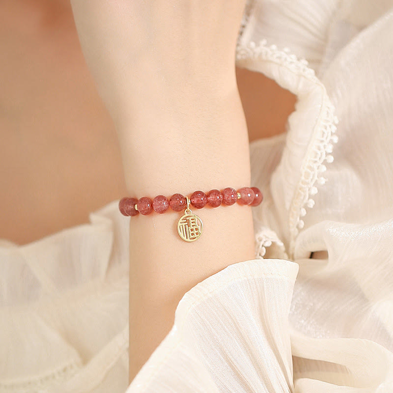 Strawberry Quartz Fu Character Healing Charm Bracelet