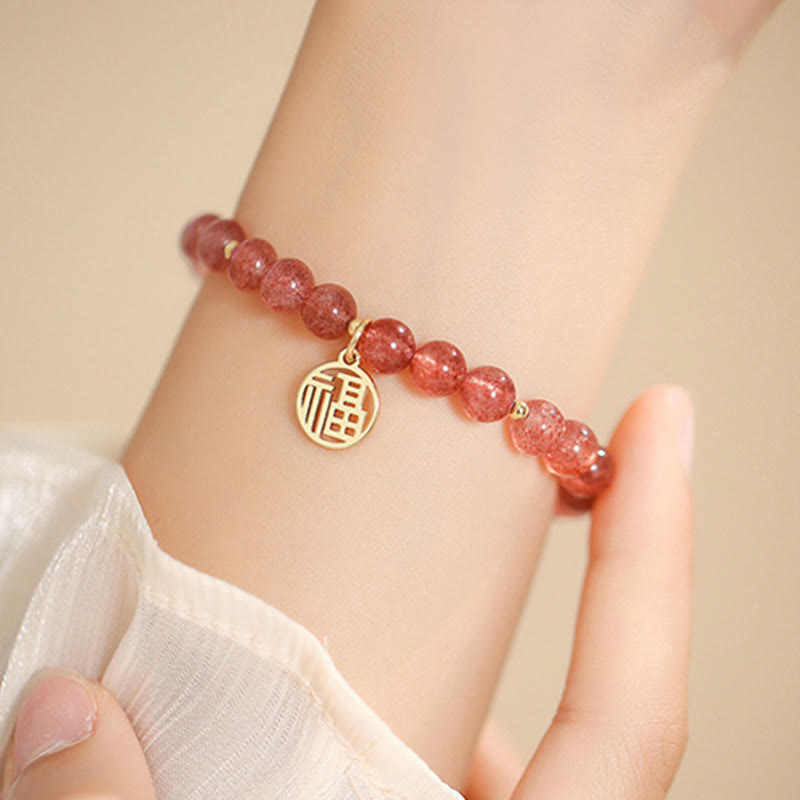 Strawberry Quartz Fu Character Healing Charm Bracelet