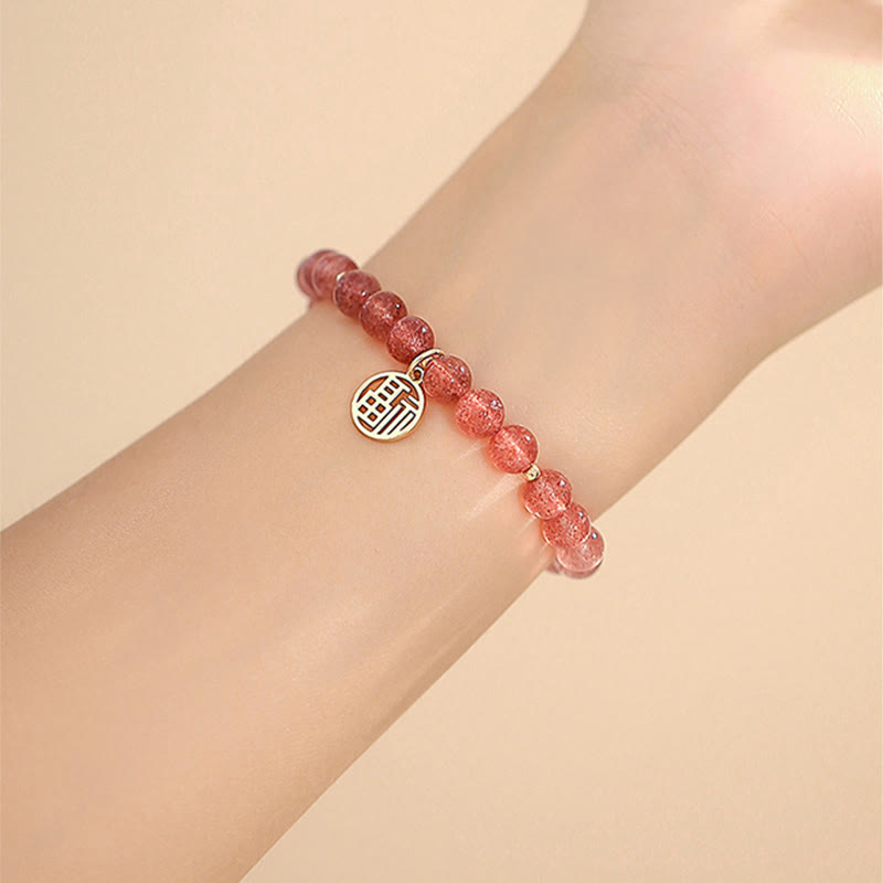 Strawberry Quartz Fu Character Healing Charm Bracelet