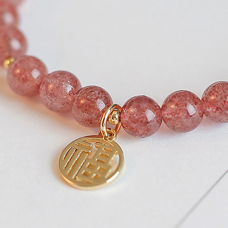 Strawberry Quartz Fu Character Healing Charm Bracelet