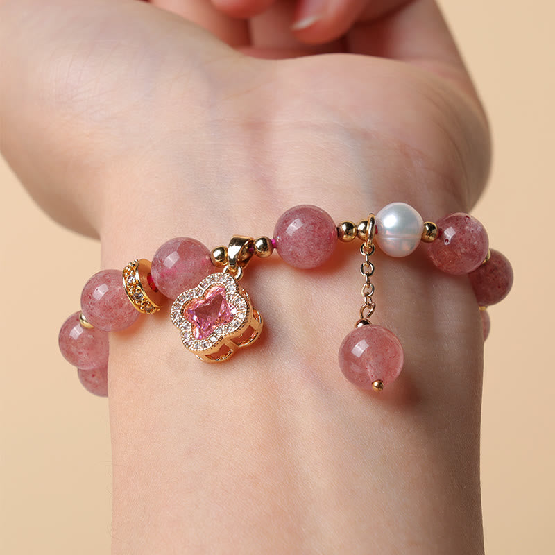 Strawberry Quartz Healing Bracelet with Pearl Clover Charm