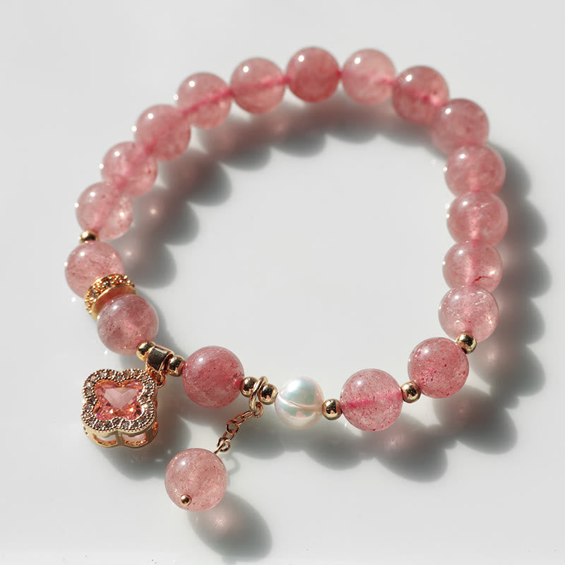 Strawberry Quartz Healing Bracelet with Pearl Clover Charm
