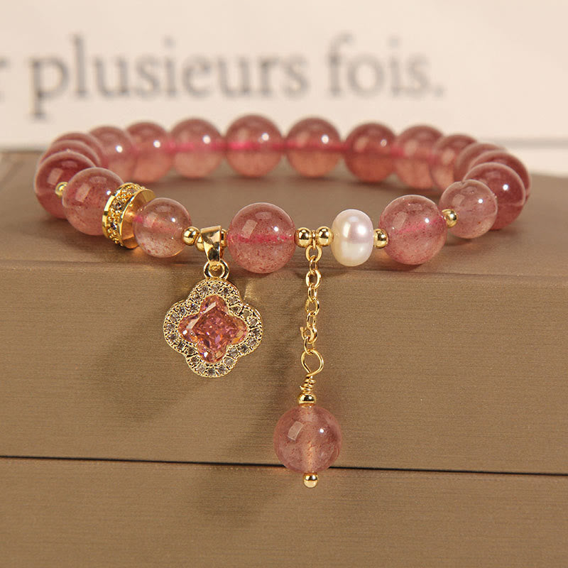 Strawberry Quartz Healing Bracelet with Pearl Clover Charm