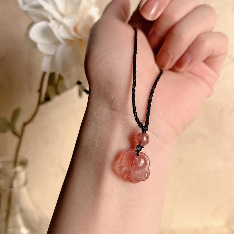 Strawberry Quartz Love Healing Cat Paw Pendant Necklace
